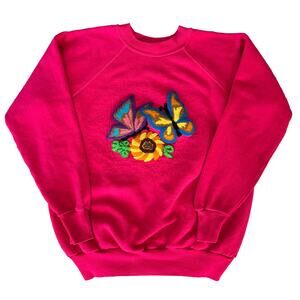 Vintage 80s Magenta Chenille Embroidered Butterfly Sunflower Raglan Sweatshirt